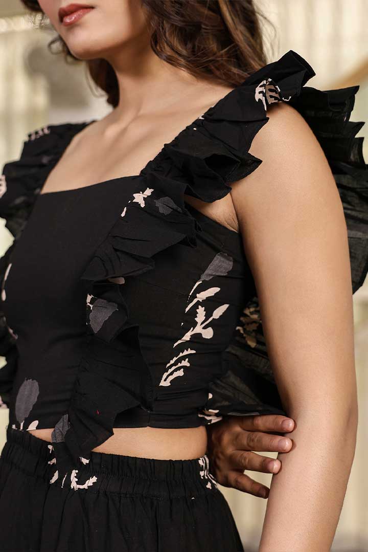Black Printed Ruffle Sleeves Maxi Dress