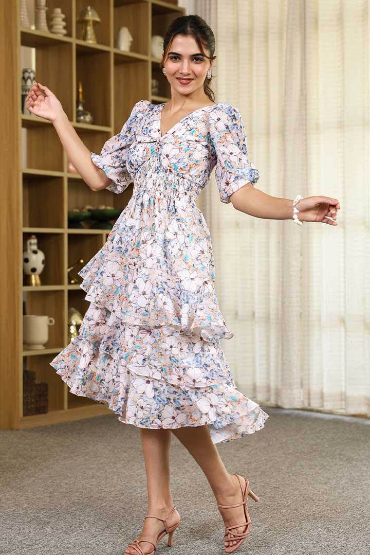 Blue Floral Printed Knotted Updown frill Mini Dress