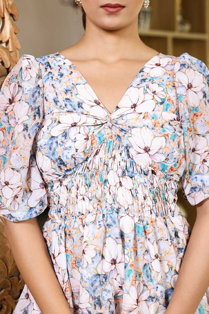 Blue Floral Printed Knotted Updown frill Mini Dress