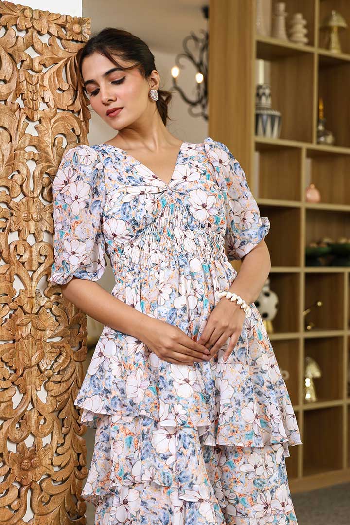 Blue Floral Printed Knotted Updown frill Mini Dress