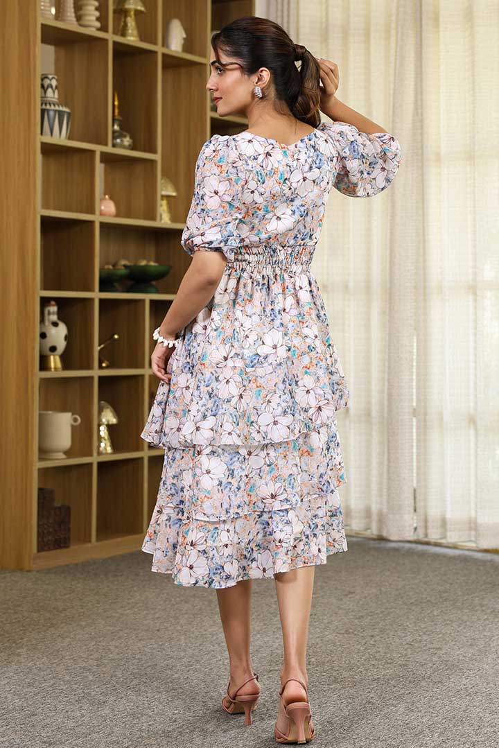 Blue Floral Printed Knotted Updown frill Mini Dress