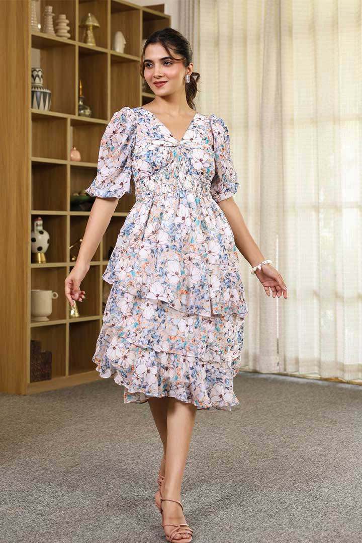 Blue Floral Printed Knotted Updown frill Mini Dress