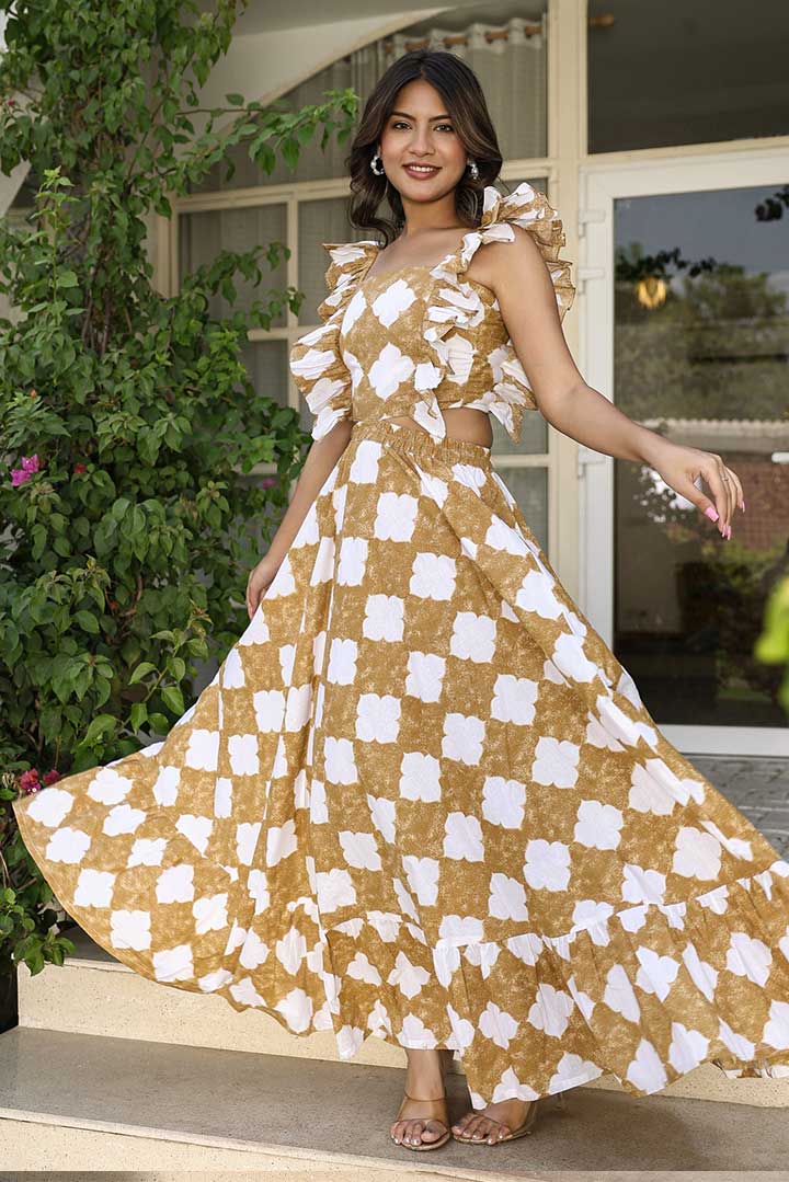 Brown Printed Ruffle Sleeves Maxi Dress