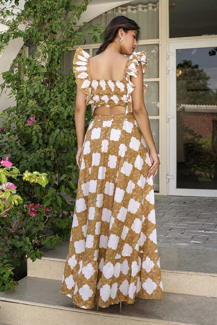 Brown Printed Ruffle Sleeves Maxi Dress