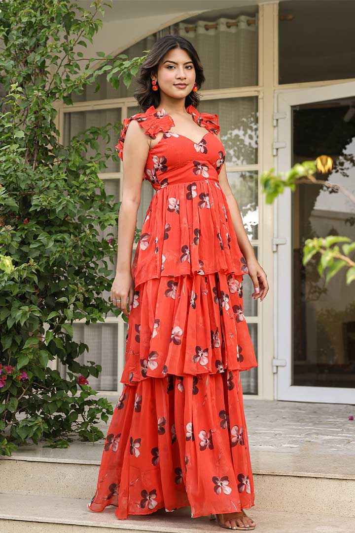 Candy Red Floral printed Frill Maxi Dress