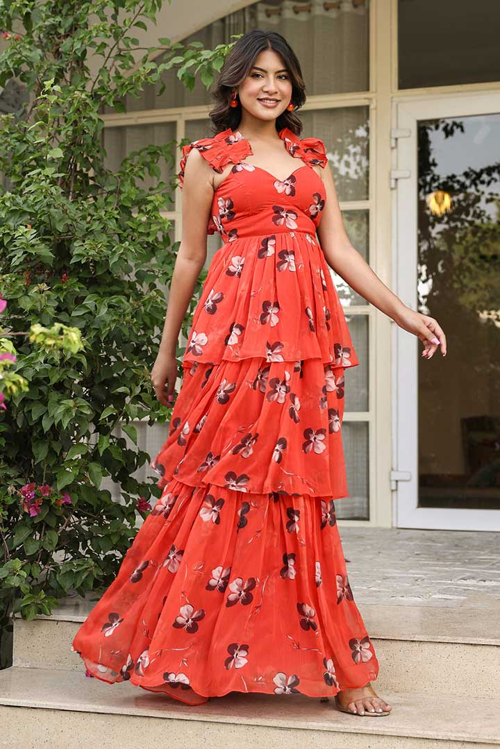 Candy Red Floral printed Frill Maxi Dress
