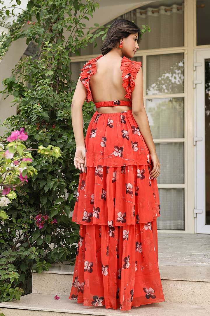 Candy Red Floral printed Frill Maxi Dress