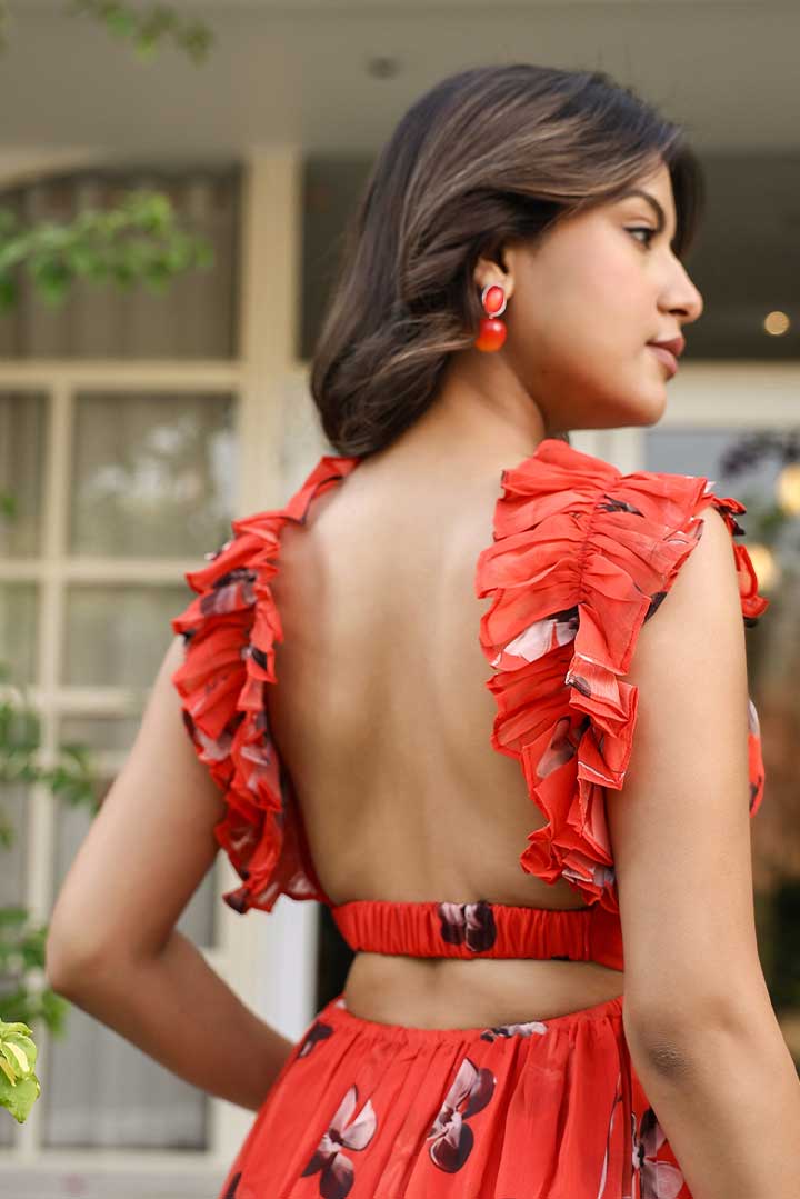 Candy Red Floral printed Frill Maxi Dress