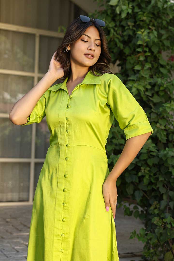 Green Cotton Shirt Dress