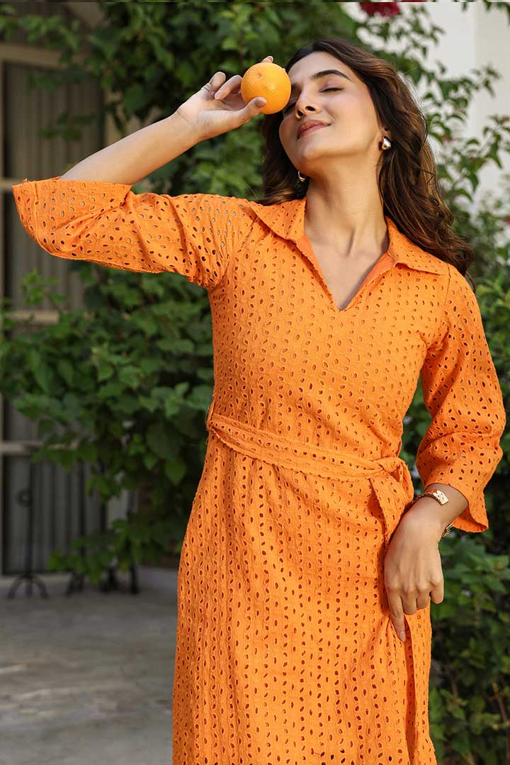 Orange Schiffli Long Shirt Dress