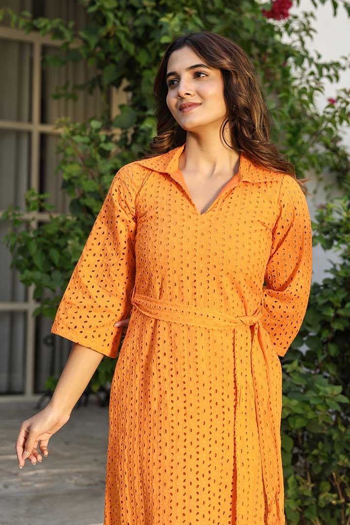 Orange Schiffli Long Shirt Dress