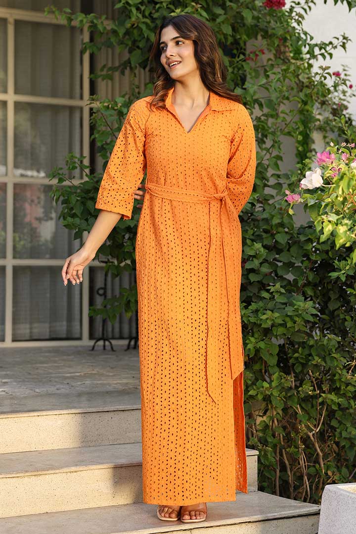Orange Schiffli Long Shirt Dress
