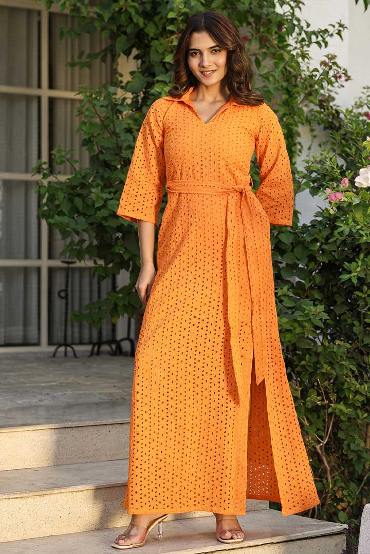 Orange Schiffli Long Shirt Dress