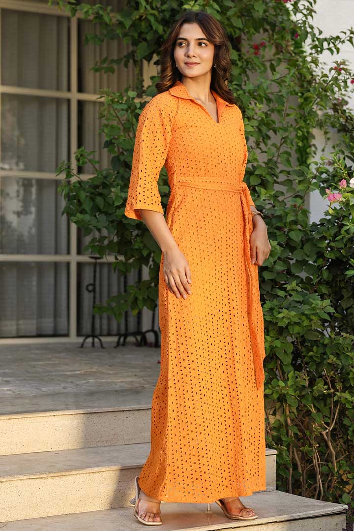 Orange Schiffli Long Shirt Dress