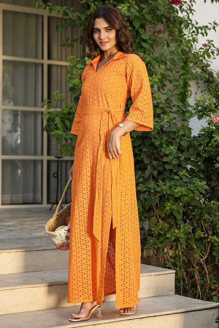 Orange Schiffli Long Shirt Dress