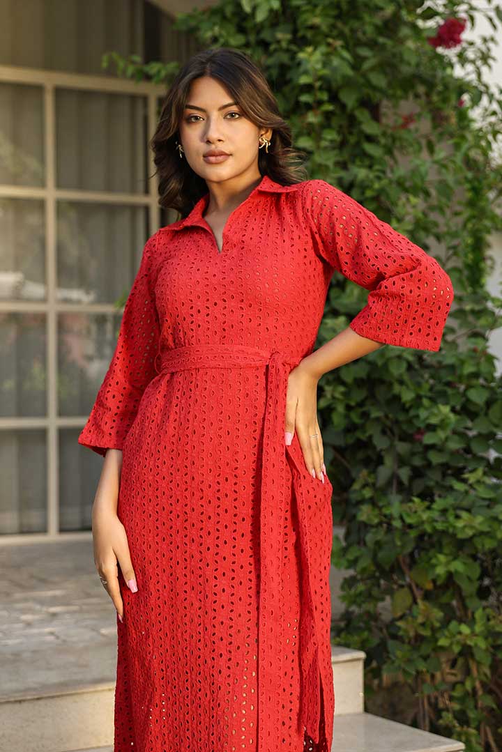 Red Schiffli Long Shirt Dress
