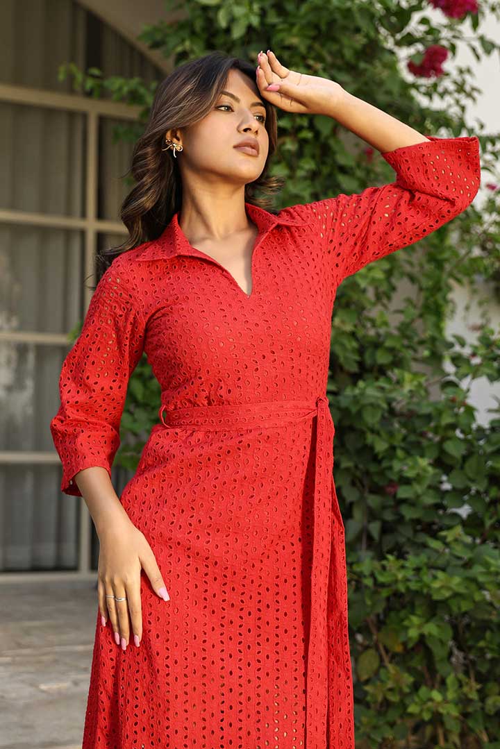 Red Schiffli Long Shirt Dress