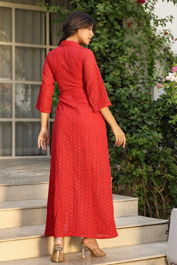 Red Schiffli Long Shirt Dress