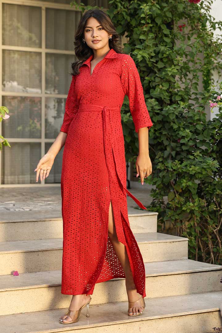 Red Schiffli Long Shirt Dress