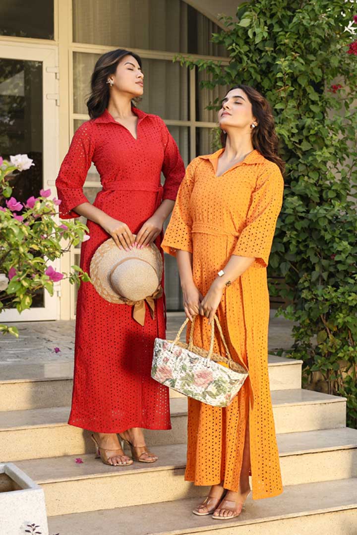 Red Schiffli Long Shirt Dress