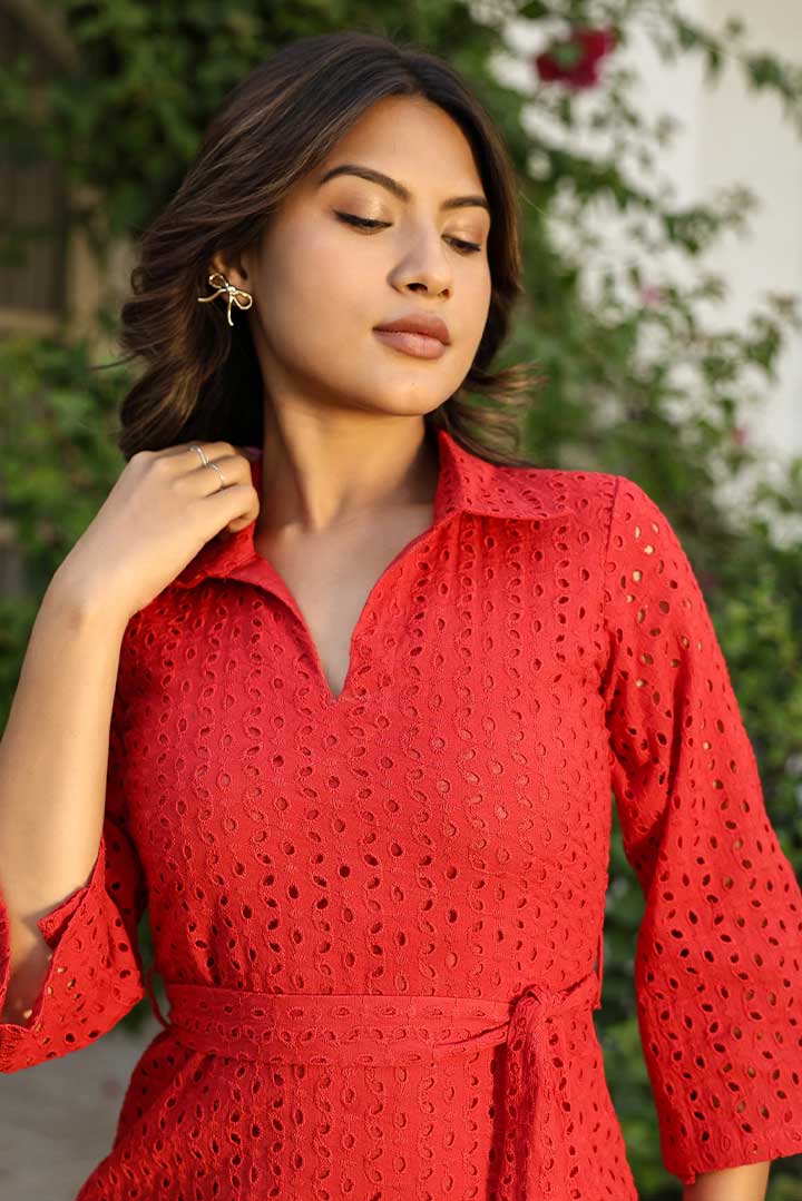 Red Schiffli Long Shirt Dress