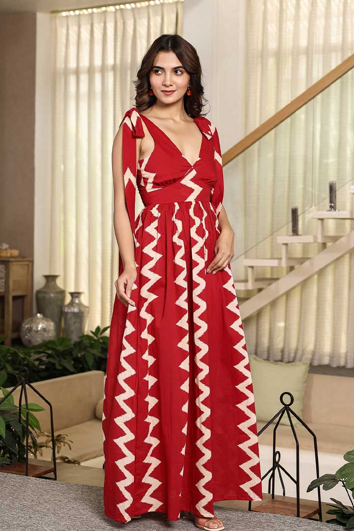Red Zigzag V neck Maxi Dress