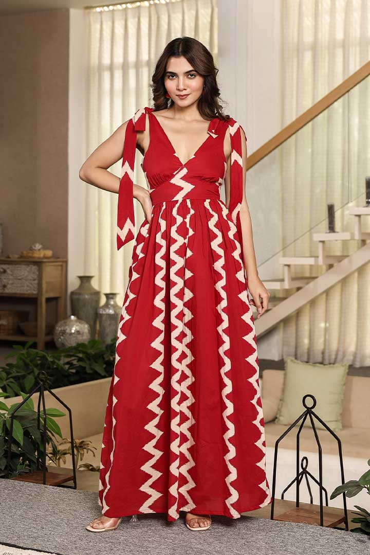 Red Zigzag V neck Maxi Dress