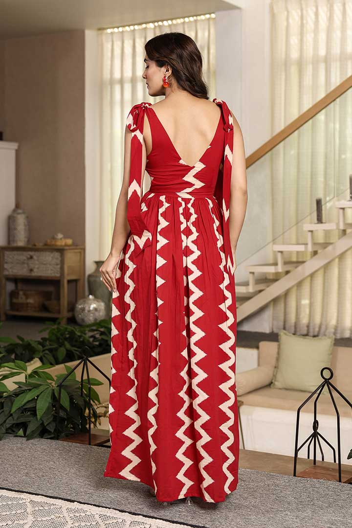 Red Zigzag V neck Maxi Dress