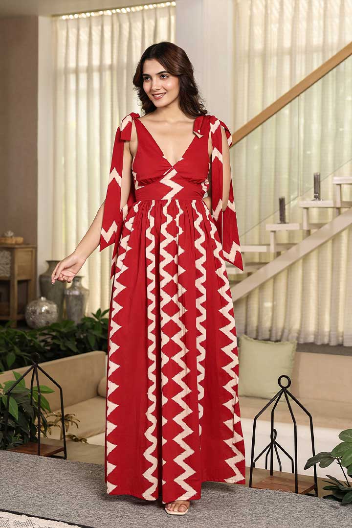 Red Zigzag V neck Maxi Dress