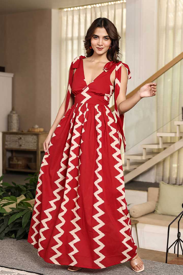 Red Zigzag V neck Maxi Dress