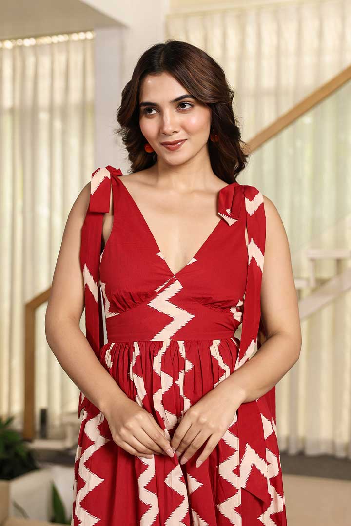 Red Zigzag V neck Maxi Dress
