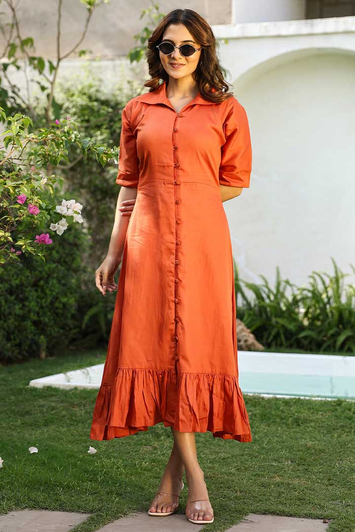 Rust Cotton Shirt Dress