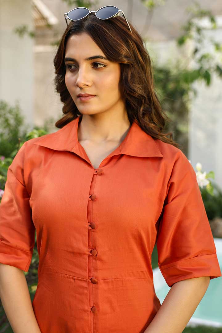 Rust Cotton Shirt Dress