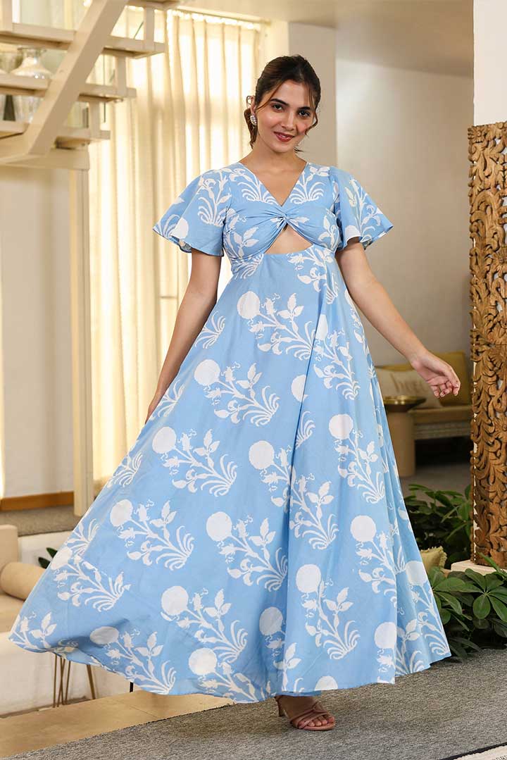 Soothing Blue Printed Cotton Maxi Dress
