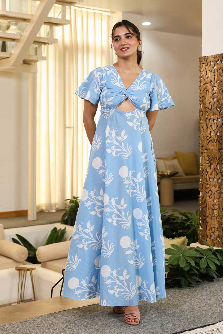 Soothing Blue Printed Cotton Maxi Dress