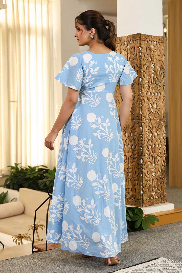 Soothing Blue Printed Cotton Maxi Dress