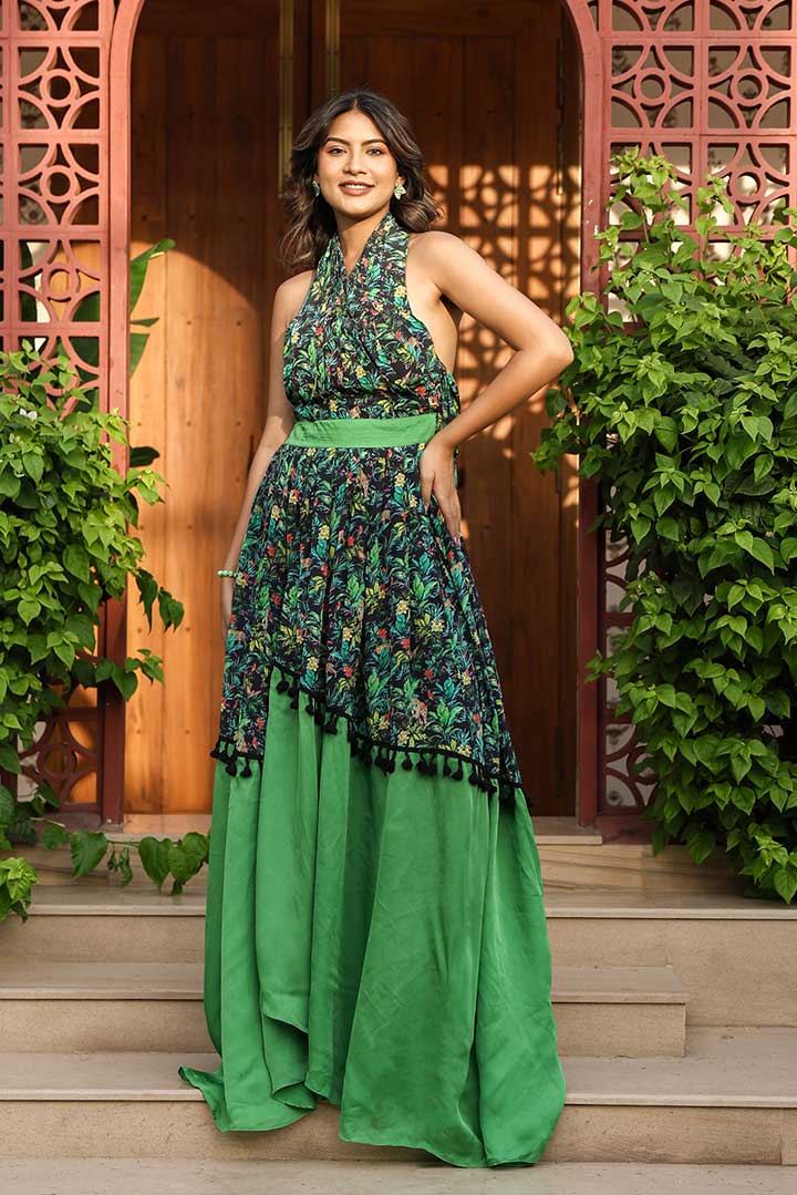 Tropical printed halter neck maxi dress