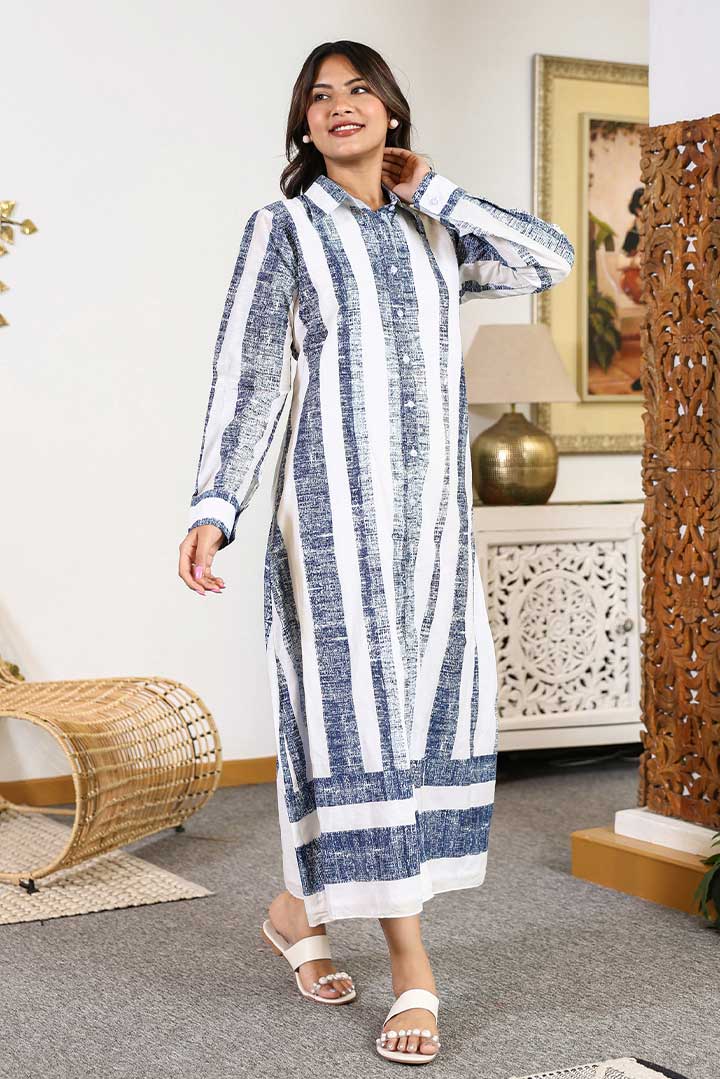 White Blue Shirt Dress