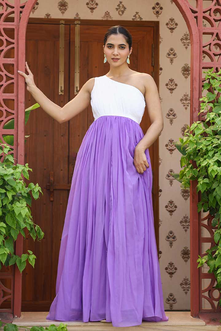 White-lavender offshoulder Maxi Dress