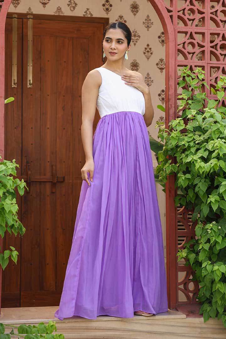 White-lavender offshoulder Maxi Dress