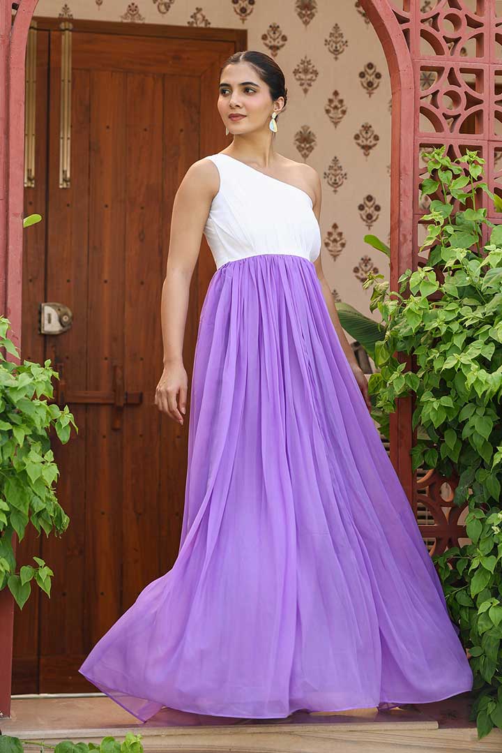 White-lavender offshoulder Maxi Dress