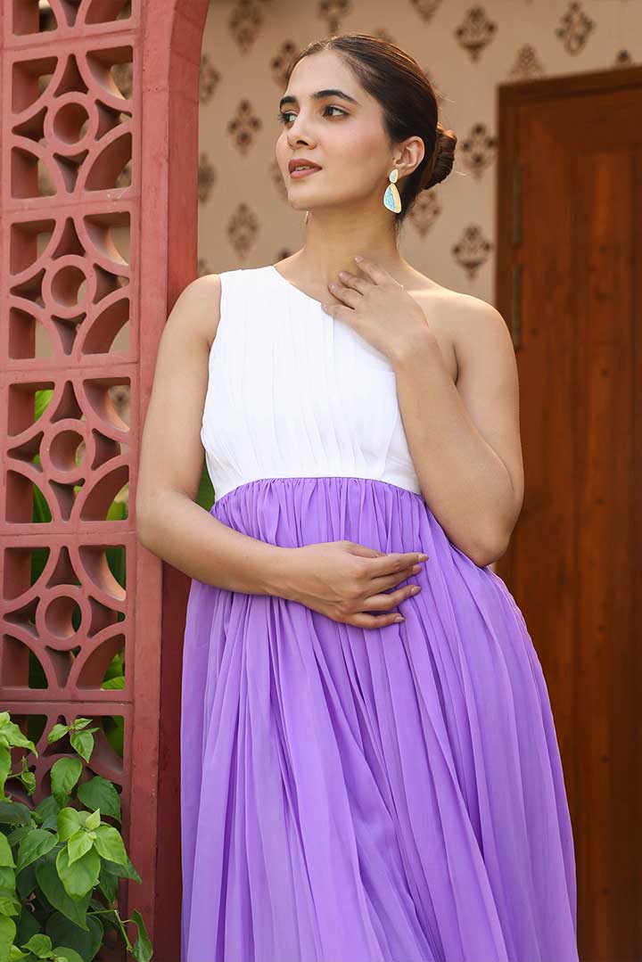 White-lavender offshoulder Maxi Dress