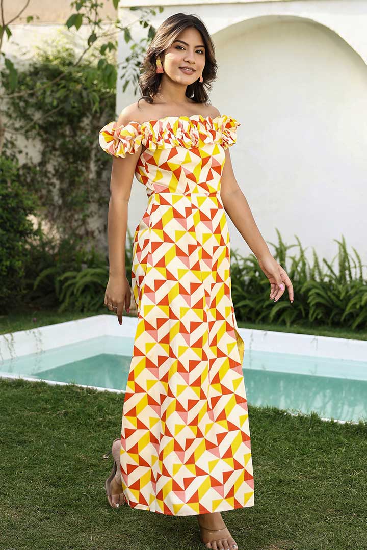 Yellow Digital Printed Offshoulder Dress