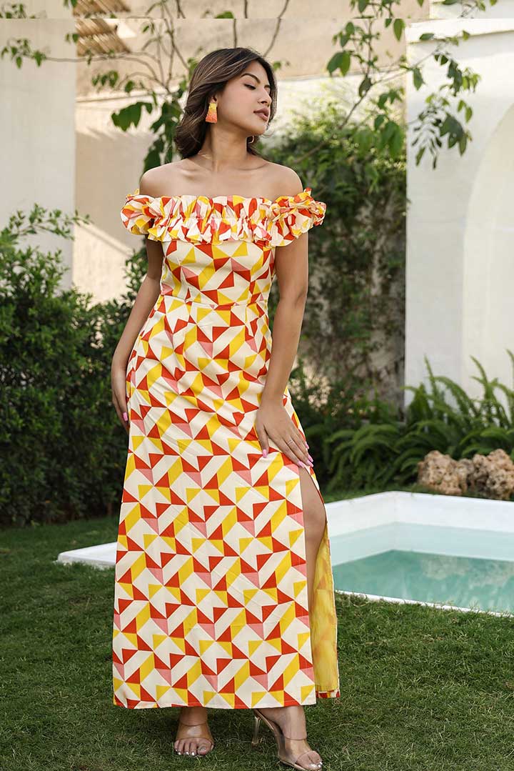 Yellow Digital Printed Offshoulder Dress