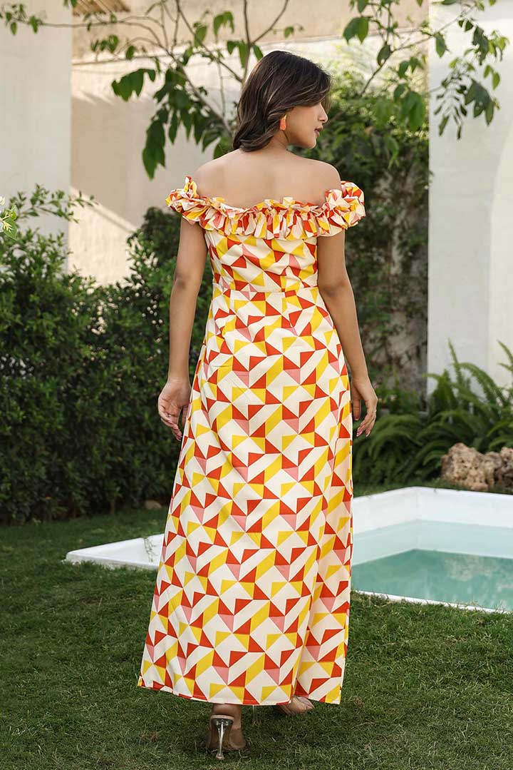 Yellow Digital Printed Offshoulder Dress