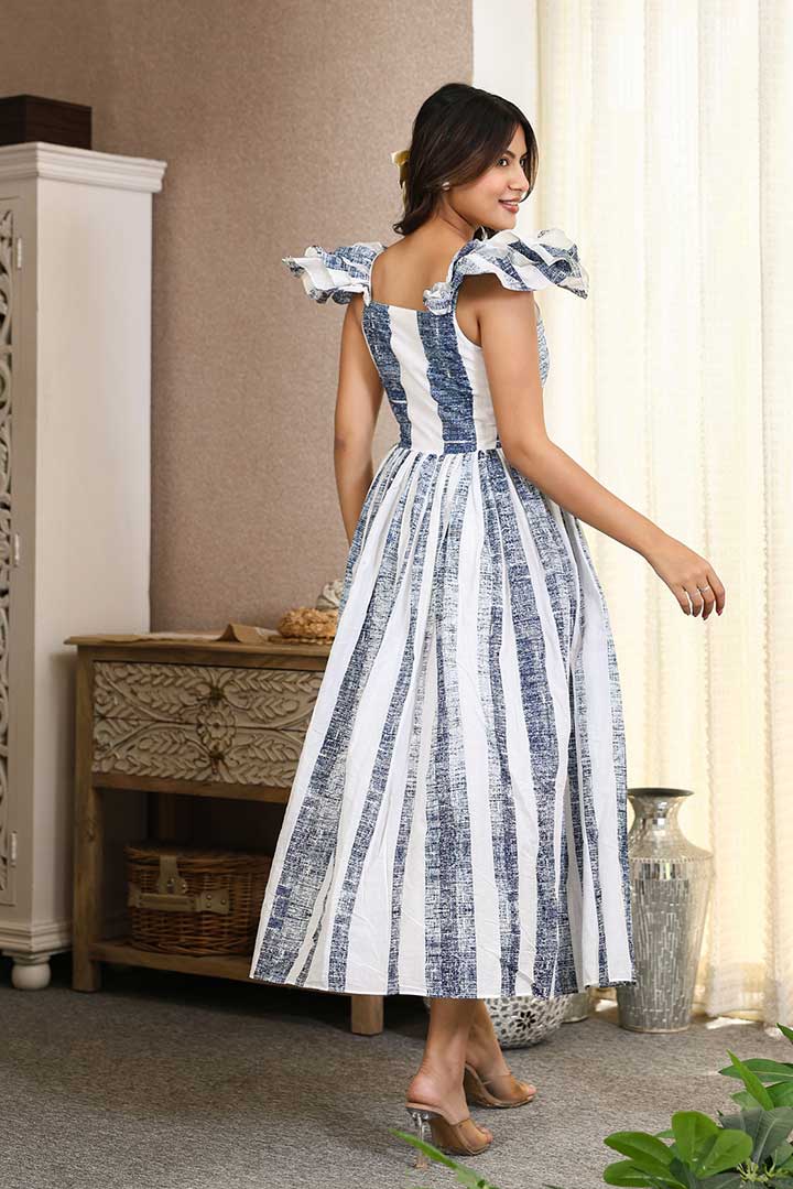 White Blue Frill Sleeve Maxi Dress