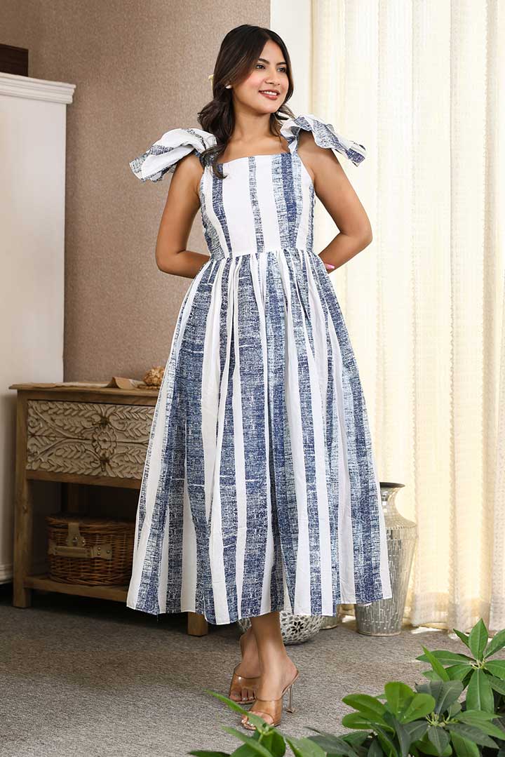 White Blue Frill Sleeve Maxi Dress